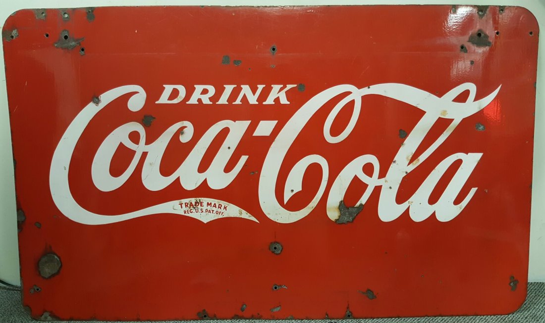 1930's 2 sided Porcelain Coca Cola sign: 5ft w x 3ft h 2 sided Porcelain sign. This sign originally came with a porcelain header and porcelain coke bottle buttons on both sides. These are missing but still a great Coca Cola sign.