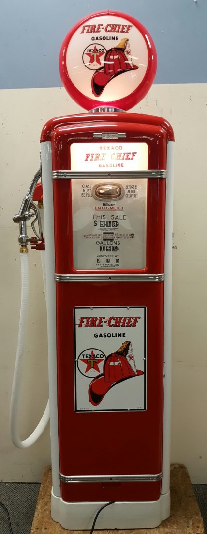 Restored Gilbarco Gas Pump: Gilbarco restored gas pump in Fire Chief motif. Globe and pump plates are reproduction.