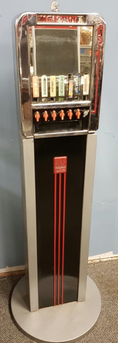 Rowe Gum & Mints Merchandiser Vending Machine: WORKING Deco Rowe original gum and mints merchandiser vending machine. This is a seven select, 5 cent machine with mirrored glass. These machines were usually wall mount machines but this one comes wi
