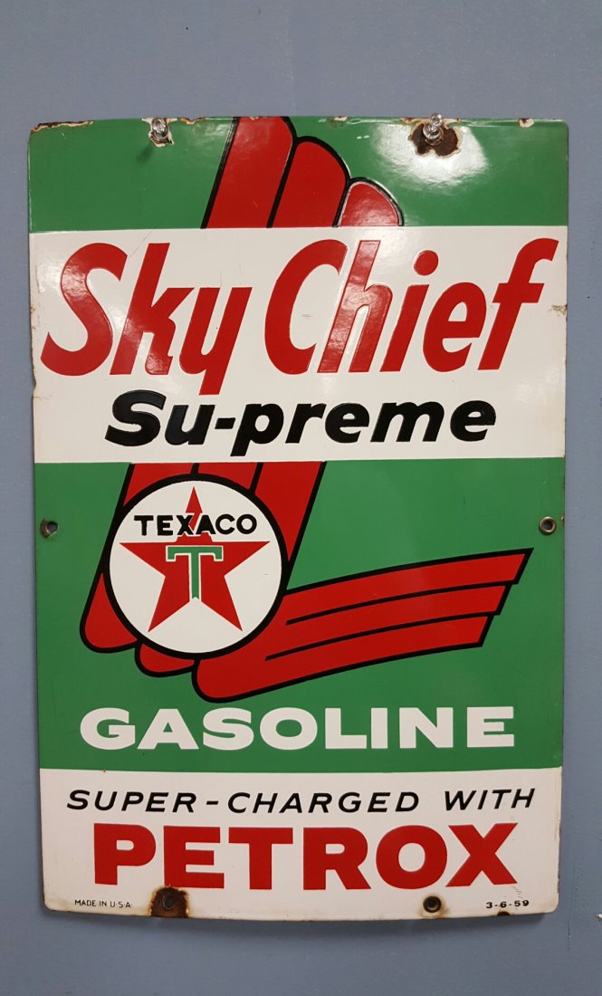 1959 Porcelain Texaco Sky Chief Pump Plate: 12"w x 18"h Porcelain Texaco Sky Chief pump plate. "Sky Chief Su-Preme Gasoline Petrox