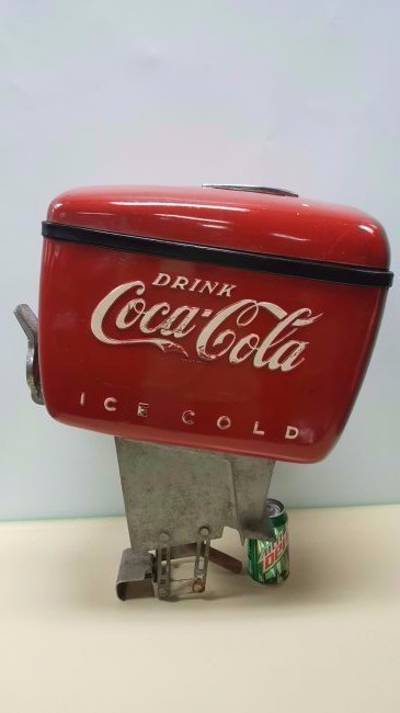 Dole Coca Cola Fountain Dispenser: Original Coca Cola fountain dispenser embossed on both sides "Drink Coca Cola Ice Cold" The handle in front has a plastic disc with "Have a Coke" as well as one on the back. The base is attached and t