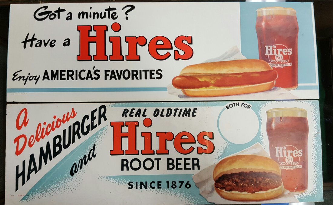 2 Hires Root Beer Soda Fountain Diner Signs: 2 22"w x 7"h Paper over cardboard signs advertising Hires root beer with a hamburger and the other sign with a hot dog. Nice graphics and colors.