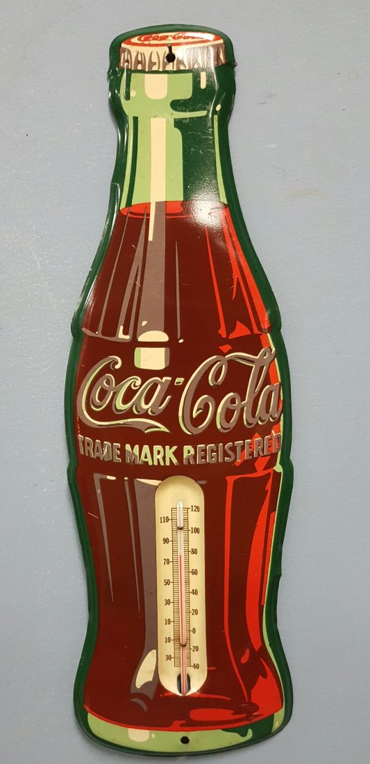 1956 Coca Cola Tin Thermometer: 17"h die cut Coca Cola bottle with thermometer