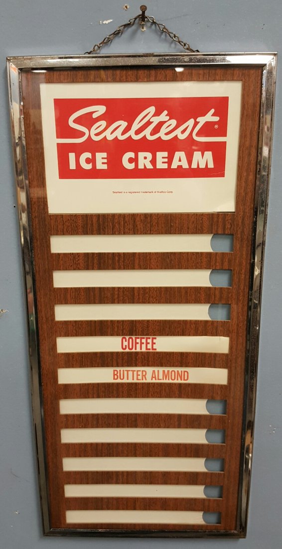 Sealtest Ice Cream Menu Board Sign: 10"w x 22"h Cardboard signed framed in metal and glass. Displays 10 different flavors on the board.