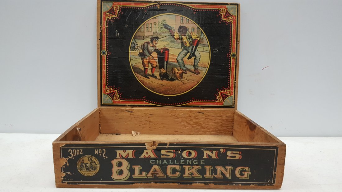 Mason's Blacking Shoe Shine Box No. 2: 11" x 9 wood box with original paper label on front and large paper label under the lid. Good condition with minor loss of the paper label and normal wear on the box.