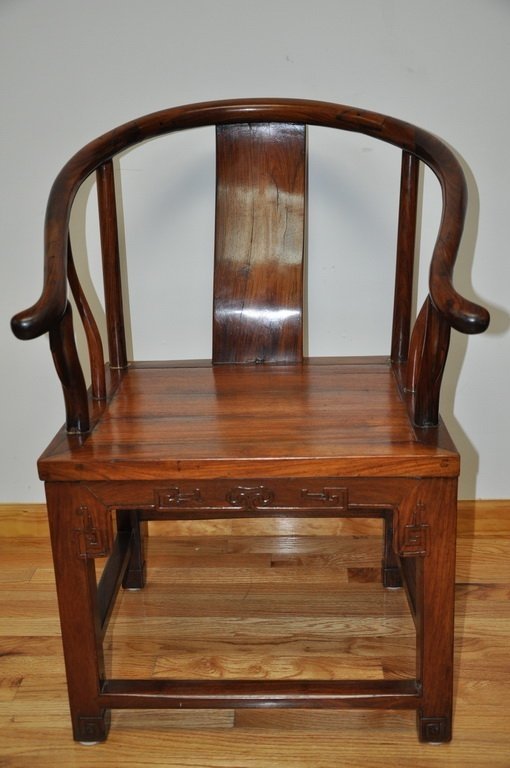 Chinese Huanghuali Horseshoe Chair: Old quality solid Huanghuali wood horseshoe chair. Have age cracks and old repaired, sturdy. Dimension:W:22.5", D:18, H:38". Shipping/Handling with insuring fees: $400(US); $800(International).