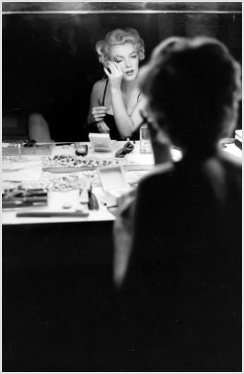 Marilyn Monroe The Eyes Have It Photo by Sam Shaw: Description of image: Marilyn Monroe visiting the dressing room of Broadway star Carol Haney at the St. James Theatre, New York City, 1954. Carol Haney won a Tony award for best supporting actress in