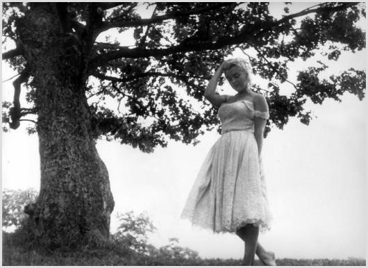 Marilyn Monroe Barefoot on the Farm, Roxbury Shaw: Description of image: Sam Shaw took several photos of Marilyn one day as she danced freely and happily while barefoot on the 350 acre farm in Roxbury, CT, c. 1957. Sam had a way of bringing out the be