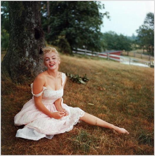 Marilyn Monroe Barefoot in White Lace #2 Sam Shaw: Description of image: Sam Shaw took several photos of Marilyn Monroe one day on the 350 acre farm in Roxbury, CT, c. 1957. Marilyn was barefoot, free and happy. In this photo Marilyn took a rest while