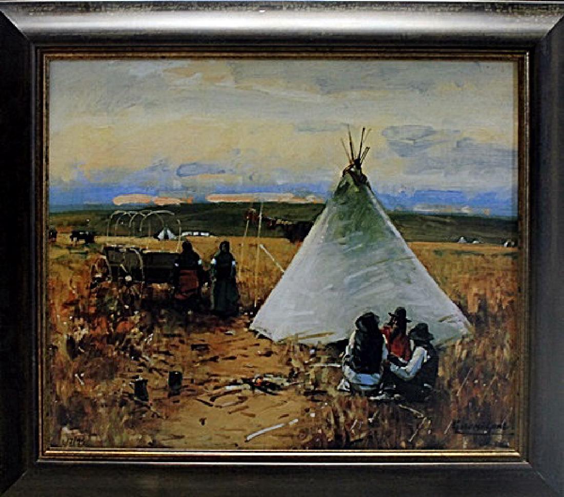 Framed oil on canvas "The Pow-Wow" - William Gilbert: Framed oil on canvas in the manner of William Gilbert Gaul, "The Pow-Wow" . Gilbert Gaul, was a late 19th and early 20th century military and historical painter and illustrator.