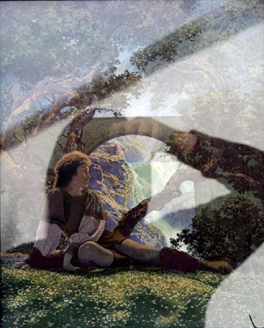 The Knave of Hearts in the Meadow - Maxfield Parrish -: Lithograph by Maxfield Parrish. Maxfield Parrish was an American painter and illustrator active in the first half of the 20th century. He is known for his distinctive saturated hues and idealized neo-