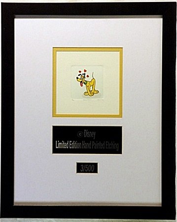 Licenced Disney Etchings Pluto: Licenced Disney Etchings "Pluto" hand colored, Limited Edition, comes in Beautiful custom matt & frame, approx dimension 14"x18".