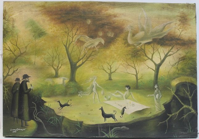 Oil Painting on Canvas by Leonora Carrington: Oil Painting on Canvas bearing a Hand Signature by the artist, size approx. 19 1/2" x 27" In. Comes with Certificate of Authenticity.