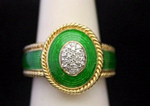 Gorgeous 14kt over Silver Ring with Emerald Enamel &: Gorgeous 14kt over Silver Ring with Emerald Enamel & Diamonds (80J) Diamonds twt approx. .60 VS1 Color G.