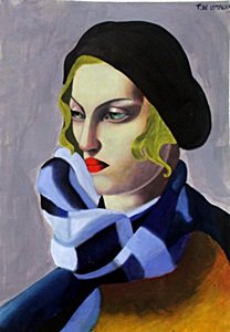 Woman With Black Hat - Tamara de Lempicka: Oil Painting on Paper, Hand Signed, Size Approx. 16 x 12 Inches