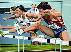 Lithograph "Brucer Jenner Decathlon" after William: Lithograph, Bearing a Hand Pencil Signature Set of Bruce Jenner and Artist William Nelson, Approx. 22" " x 29" In.