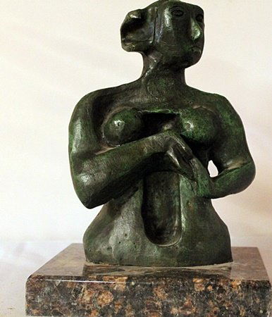 Patina Bronze Sculpture - Henry Moore: Patina Bronze Sculpture, Signed after the artist, comes with a Marble Base, Size Approx. 9" x 6" x 7" in.