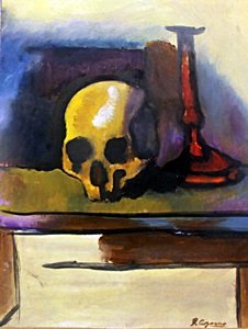 Skull on the Table - Paul Cezanne: Oil Painting on Paper attributed to Paul Cezanne, bears a signature, Size Approx. 14 x 11 Inches