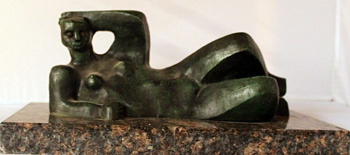 Resting Man - Patina Bronze Sculpt. - Henry Moore: Patina Bronze Sculpture, Signed after the artist, comes with a Marble Base, Size Approx. 6" x 6" x 14" in.