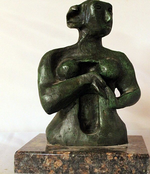 Patina Bronze Sculpture - Henry Moore: Patina Bronze Sculpture, Signed after the artist, comes with a Marble Base, Size Approx. 9" x 6" x 7" in.