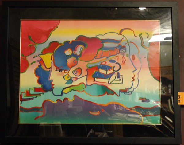 Signed Mixed Media Peter Max: Mixed media bears the signature after Peter Max, beautifully museum framed, unframed dimensions approx 32 x 24.
