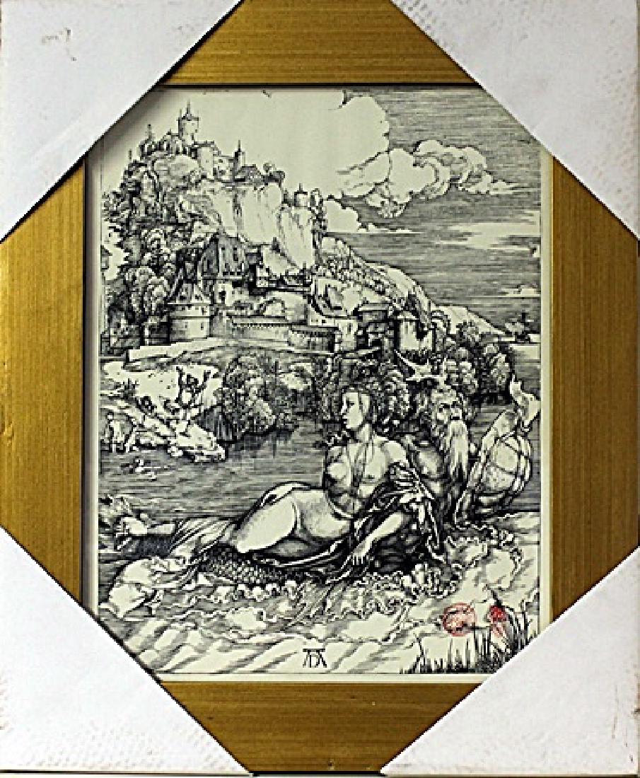 Framed Albrecht Dürer-The Sea Monster Engraving: Authentic Albrecht Dürer, Framed The Sea Monster Engraving. It shows a voluptuous naked middle-aged woman riding on the back of a male creature who is half-man, half-fish. The man wears a beard and a