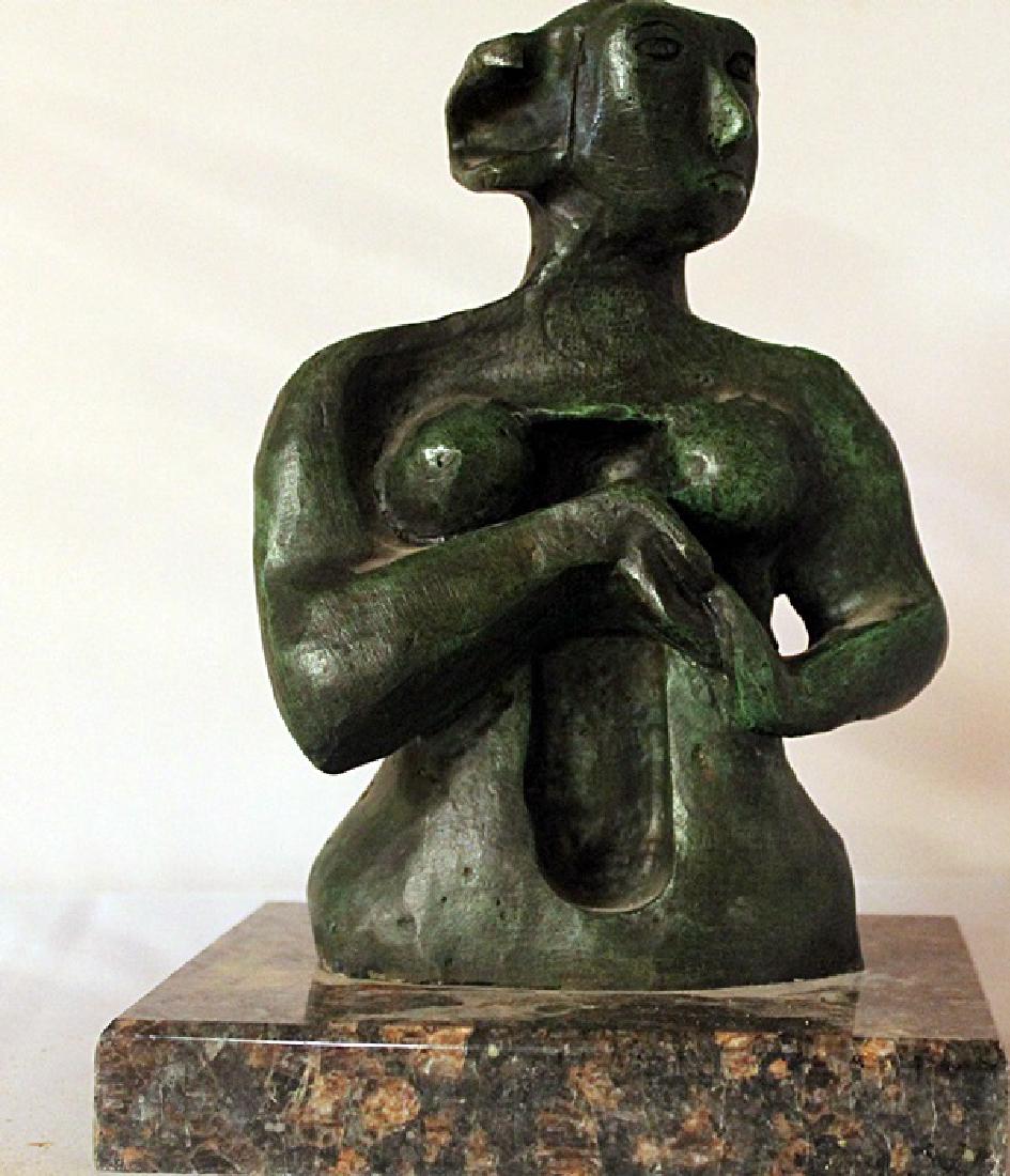 Patina Bronze Sculpture - Henry Moore: Patina Bronze Sculpture, Signed after the artist, comes with a Marble Base, Size Approx. 9" x 6" x 7" in.