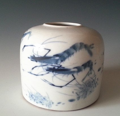 CHINESE BLUE AND WHITE BRUSH WASHER: Chinese blue and white porcelain brush washer painted with shrimps on the front with artist's signature on the back. Six-character mark on the base. D 3 1/8 in. H 2 7/8 in.