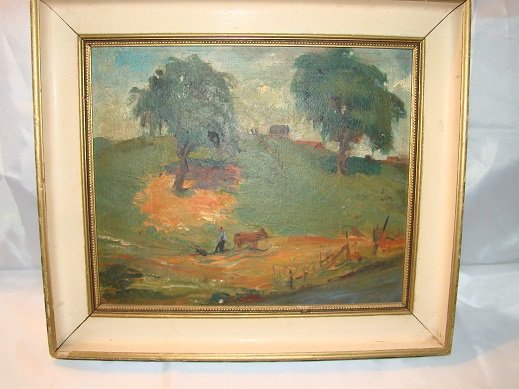 o/b mid 19th century Hudson River School Landscape: nice littel Hudson River School realist oil on board painting with two large trees and a winding country road....in the background you can just make out the silouette of a barn while in the foreground
