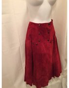 vintage KARL LAGERFELD red suede MAXI SKIRT size 36: this is a beautiful and fabulous early 1980's original KARL LAGERFELD red suede maxi-skirt. pleated all the way around and easy on and off with a 4 snap box closure at the top of the skirt front, piec