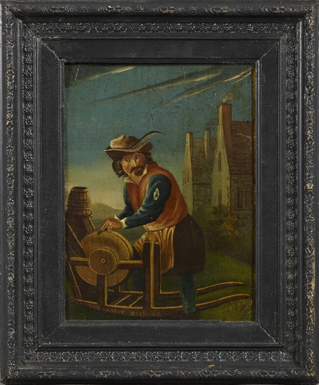 Continental School, "The Knife Grinder," 19th c., oil: Continental School, "The Knife Grinder," 19th c., oil on panel, titled lower center, framed, H.- 12 in., W.- 8 1/2 in.