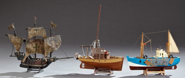Group of Three Carved Wooden Ship's Models, 20th c.,: Group of Three Carved Wooden Ship's Models, 20th c., two of fishing luggers, one of a Spanish galleon, Galleon- H.- 18 1/2 in., W.- 22 1/2 in., D.- 3 1/2 in.