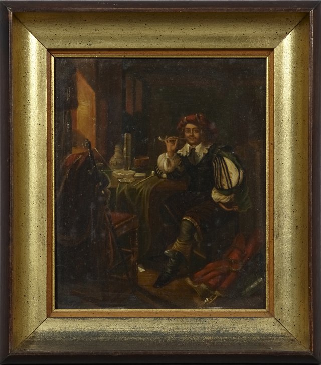 Continental School, "Man Smoking a Pipe," 19th c., oil: Continental School, "Man Smoking a Pipe," 19th c., oil on tin, framed, H.- 7 3/4 in., W.- 6 3/8 in.