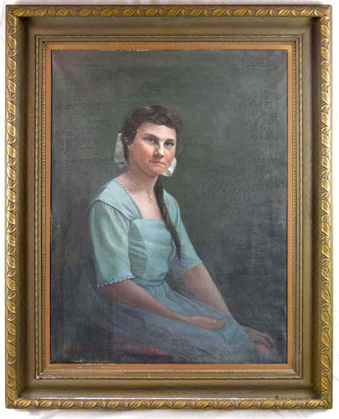 M. F. Weaver, "Portrait of a Woman in a Blue Dress,": M. F. Weaver, "Portrait of a Woman in a Blue Dress," 1920, oil on canvas, signed l.l., presented in a gilt frame, H.- 35 in., W.- 26 in.