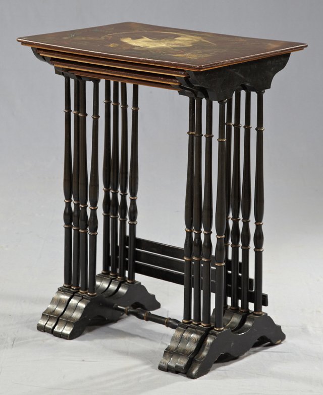 Oriental Lacquered Papier Mache Nest of Four Tables, c.: Oriental Lacquered Papier Mache Nest of Four Tables, c. 1860, the top of the largest table with relief bird, crane and peacock decoration, the other tables with gilt floral and dragonfly decoration, o
