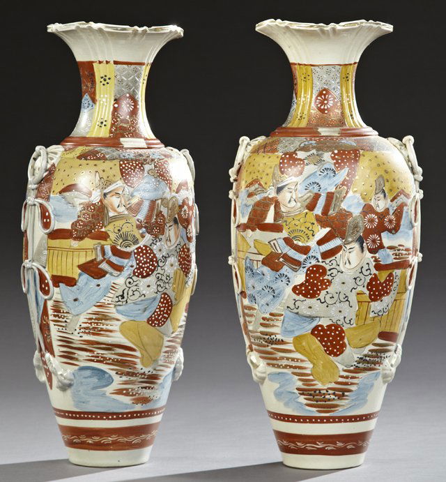 Pair of Large Satsuma Earthenware Baluster Vases, c.: Pair of Large Satsuma Earthenware Baluster Vases, c. 1890, with integral ring handles and bow decoration, with moriage figural decoration, H.- 24 in., Dia.- 9 1/2 in.