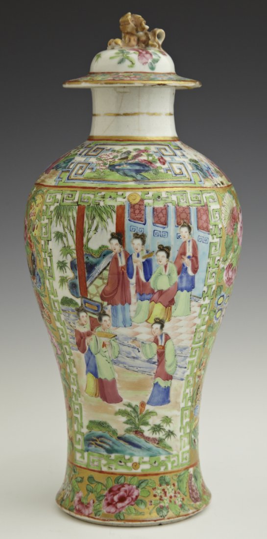 Chinese Famille Rose Covered Baluster Porcelain Vase,: Chinese Famille Rose Covered Baluster Porcelain Vase, 19th c., with panel decorations of court scenes, flowers and butterflies, the lid with a gilt Foo lion handle, as found, H.- 11 1/8 in., Dia.- 4 3