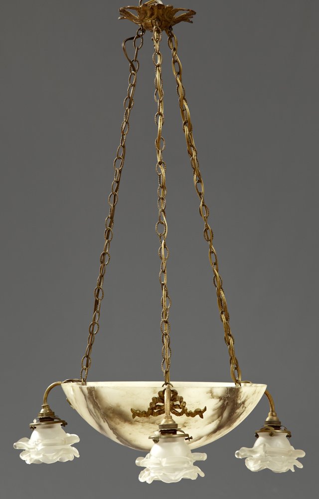 Carved Alabaster Four Light Bowl Chandelier, early 20th: Carved Alabaster Four Light Bowl Chandelier, early 20th c., with one interior light and three exterior lights with frosted glass floriform shades, H.- 4 1/4 in., Dia.- 18 1/2 in.
