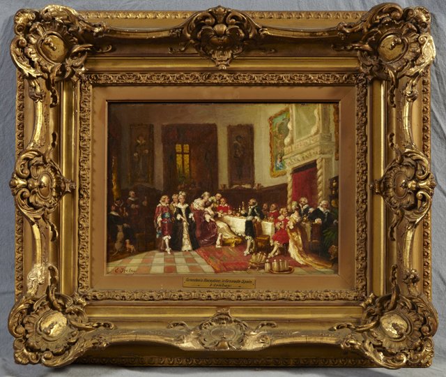 Continental School, "Grandee's Reception in Granada,: Continental School, "Grandee's Reception in Granada, Spain," late 19th/early 20th c., in the manner of Eugene Isabey (1803-1886), oil on board, bearing misspelled signature inscription at l.l., framed