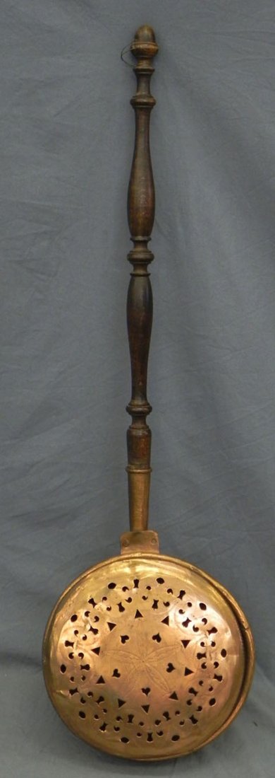 Copper Bed Warmer, 19th c., the lid with pierced and