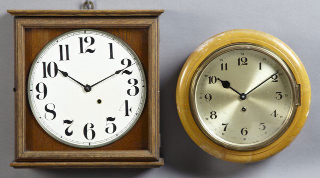 Two American Wall Clocks, 19th c., one square example: Two American Wall Clocks, 19th c., one square example of oak, together with a circular mahogany example, Oak- H.- 15 3/8 in., W.- 15 in., D.- 5 in.
