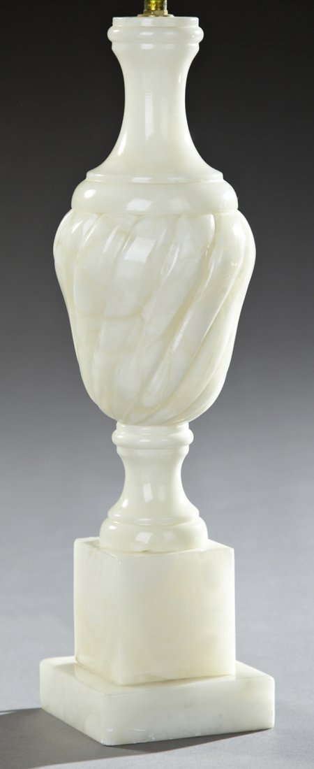 French Carved Alabaster Table Lamp, 20th c., with a: French Carved Alabaster Table Lamp, 20th c., with a swirled urn on a socle support, on a stepped plinth, H.- 16 1/2 in., W.- 4 3/8 in., D.- 4 3/8 in.