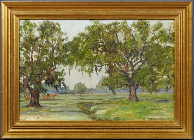 Louisiana School, "Moss Draped Oak," 1910, oil on: Louisiana School, "Moss Draped Oak," 1910, oil on board, signed "W. Woodard" and dated l.r., presented in a gilt frame, H.- 11 1/2 in., W.- 18 in.