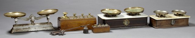 Group of Four French Double Beam Balance Scales, two: Group of Four French Double Beam Balance Scales, two partial sets of cased brass weights, and a hanging iron scale (7 Pcs.)