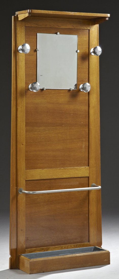 French Art Deco Chrome and Carved Oak Hall Tree, c. (1 of 1)