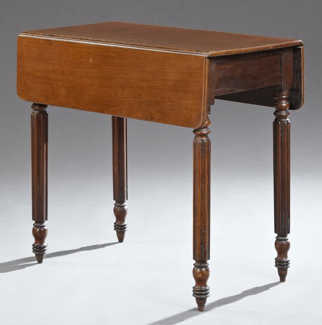 English Carved Mahogany Pembroke Table, 19th c., the: English Carved Mahogany Pembroke Table, 19th c., the rectangular top over a wide skirt with one end drawer, on tapered fluted legs to turned feet on French toes, Closed- H.- 26 1/4 in., W.- 28 in., D.