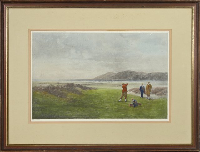 Douglas Adams, "Golfing," 20th c., print, after the: Douglas Adams, "Golfing," 20th c., print, after the 1894 original, framed, H.- 15 1/2 in., W.- 24 in.
