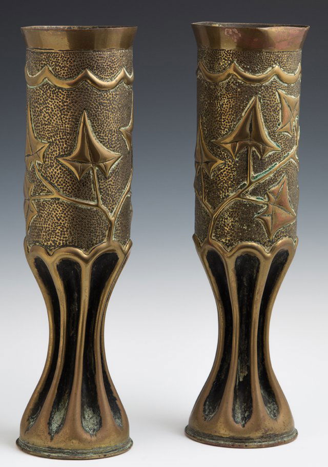 Pair of Brass Trench Art Vases, c. 1918, with relief (1 of 1)