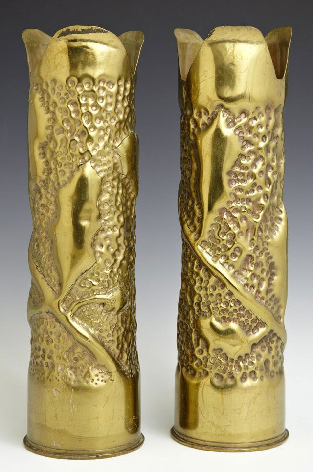 Pair of Brass Trench Art Vases, c. 1918, with scalloped (1 of 1)