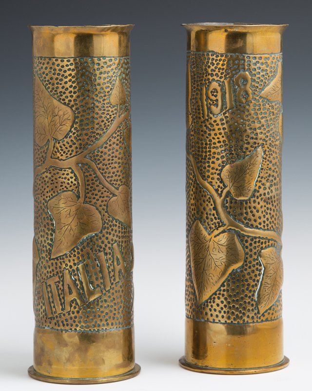 Pair of Brass Trench Art Vases, 1918, with relief (1 of 1)